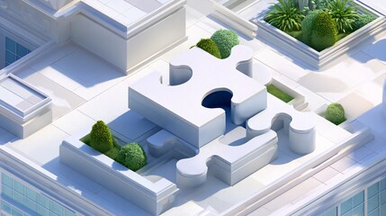 Surreal composition of a hospital building made of giant puzzle pieces, one key piece missing to reveal a dark void inside, bright daylight setting, representing gaps and inefficiencies in the