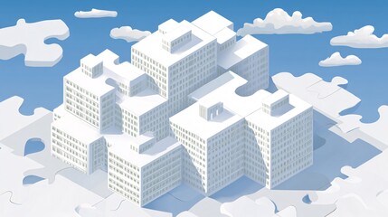 Surreal composition of a hospital building made of giant puzzle pieces, one key piece missing to reveal a dark void inside, bright daylight setting, representing gaps and inefficiencies in the