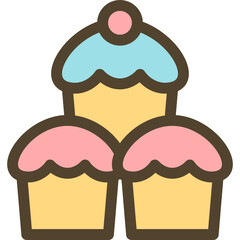 Cute kawaii food and drink icons in pastel colors, including donut, cupcake, coffee, burger, ice cream, pizza, milk, and noodle bowl, perfect for kids menu design and sweet cartoon illustration