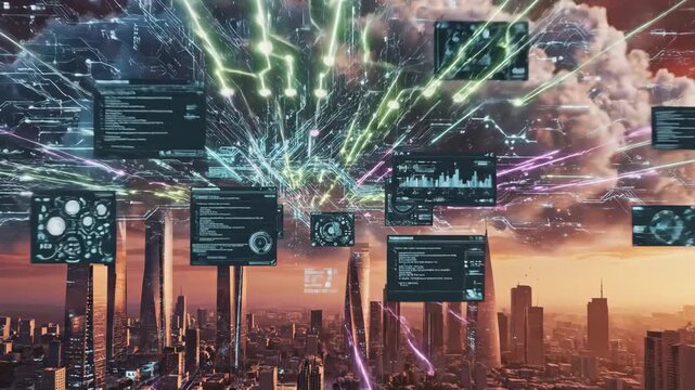 Futuristic cityscape with data displays and energy beams overlay. Data streaming over a futuristic metropolis - Powered by Adobe