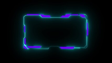Neon HUD frame represents futuristic technology. Digital interface shows data and innovation. Futuristic neon purpel digital interface frame with geometric shapes and glowing lines on a black. - Powered by Adobe