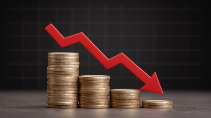 Stacked Coins with Red Downward Arrow on Financial Chart Background Depicting Decline in Investments or Revenue Trends