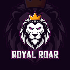 Stylized white lion head wearing a golden crown, featuring glowing purple eyes, against a dark background, with 