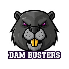 A stylized cartoon illustration of a beaver with an aggressive expression and text below.