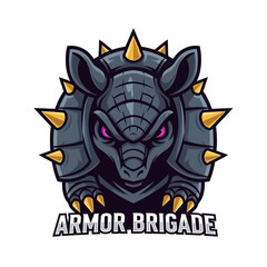 A stylized cartoon armadillo mascot with purple eyes, covered in dark grey armor and golden spikes, above the text 