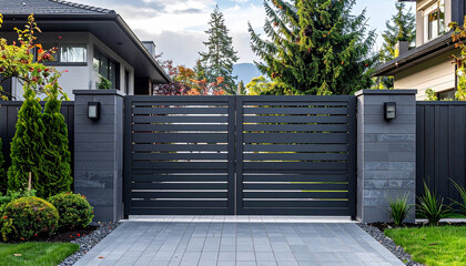 High dark grey home door aluminum gate gray slats portal garden of suburb house
