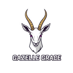 Illustration of a gazelle head with large horns, presented in a stylized, cartoon-like design with the words 