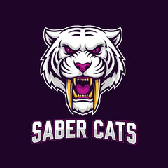 An aggressive white saber-toothed tiger mascot logo with glowing purple eyes and the text 'Saber Cats'.
