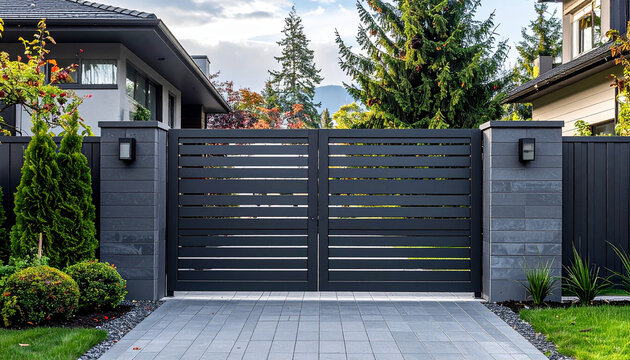 High dark grey home door aluminum gate gray slats portal garden of suburb house
