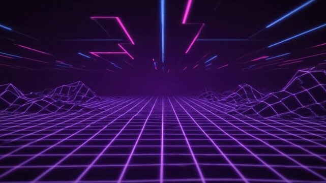 Vibrant digital landscape showcases grid pattern illuminated by neon pink and blue lines, creating retro futuristic atmosphere reminiscent of 1980s synthwave art and dynamic digital aesthetics