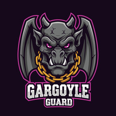 A fierce grey gargoyle mascot with glowing purple eyes, horns, and a gold chain, designed as a gaming or esports logo.