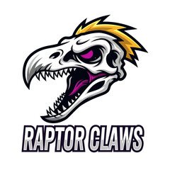 Graphic illustration of a raptor skull with glowing purple eyes and a golden mohawk, above the text 