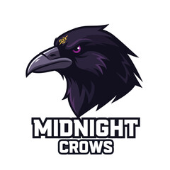 A stylized illustration of a dark purple crow's head with glowing pink eyes and a golden emblem on its forehead, set against a white background, with the tex...