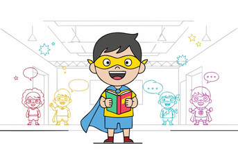 cheerful  boy in a superhero costume reads a book surrounded by thought bubbles Bright playful illustration with a school setting Perfect for education and children's themes