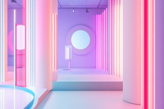 Vibrant modern art installation with neon lights and pastel walls in an exhibition space