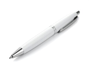 A white pen lies diagonally on a plain white surface, casting a soft shadow. High-key lighting, minimalist