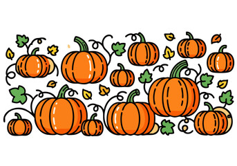 cheerful harvest scene featuring pumpkins and leaves This vibrant stylized design is perfect for autumn-themed marketing and illustrations Clean lines and a warm color palette