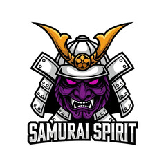 A stylized illustration of a samurai warrior's head with a purple face, white armor, and golden accents, above the text "SAMURAI SPIRIT".