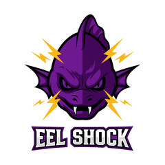 A fierce purple eel mascot logo with an angry expression, sharp fangs, and yellow electric shock bolts.