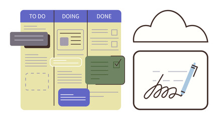 Task board organizing projects into to-do, doing, done columns alongside digital signature within a cloud. Ideal for productivity, organization, planning, teamwork, management, digital workflow © robu_s