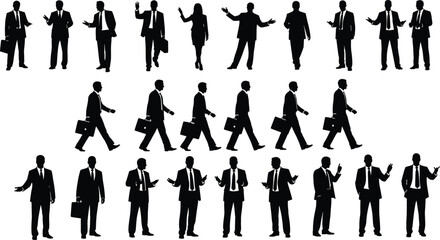 Business people silhouettes, walking and standing poses, briefcase icons, corporate attire, vector illustration for professional presentation, office concept, workplace design
