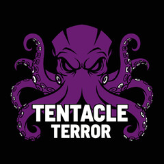 A menacing purple octopus with glowing eyes and swirling tentacles, emblazoned with the bold white text "TENTACLE TERROR" against a stark black background, e...