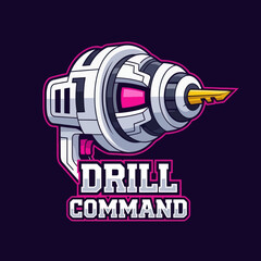 A vibrant, stylized illustration of a futuristic electric drill with glowing pink accents, set against a dark background, featuring 'DRILL COMMAND' text.