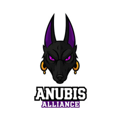 A striking black canine head with sharp purple ears and intense glowing eyes, featuring golden rings, presented as a strong alliance emblem.