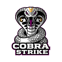 A stylized cobra illustration with a coiled body, raised hood, visible fangs and tongue, and the text "COBRA STRIKE" beneath it.