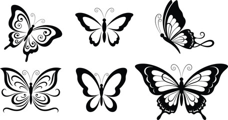 Butterfly vector illustration set, black and white symmetrical insect design, decorative wing artwork, nature-inspired graphic, elegant entomology drawing collection