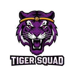 A fierce purple tiger mascot with a golden headband roaring above the text 'Tiger Squad'.