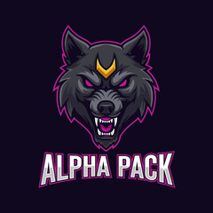 An aggressive dark wolf mascot with glowing purple eyes and a gold crescent, snarling above the words Alpha Pack.