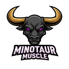 A fierce minotaur head with glowing purple eyes and large golden horns, set against a white background, with the text "MINOTAUR MUSCLE" emblazoned below.
