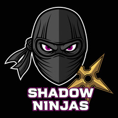 Illustration of a ninja character with a mask, purple eyes, and a throwing star, with the text "Shadow Ninjas" below.