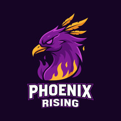 Illustration of a stylized purple phoenix head with golden accents and flames, accompanied by the text "Phoenix Rising".