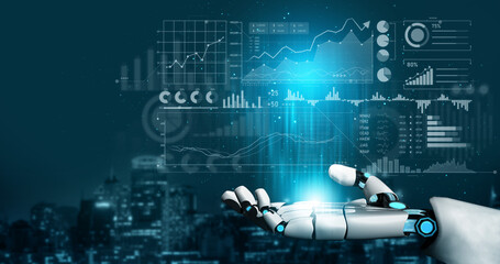 A robotic hand interacts with vibrant digital graphs and analytics, representing modern technology and innovation against a dynamic urban skyline backdrop at night. Scalp