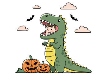 A cute child dressed as a dinosaur roars playfully, surrounded by pumpkins and bats ? a fun Halloween illustration with a playful, vibrant style. ?Roar the Rex!?
