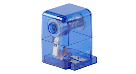 A detailed close-up of a blue, transparent pencil sharpener