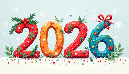 Colorful illustration of the year 2026 with festive decorations, snowflakes, and ribbons, perfect for New Year and holiday themes 