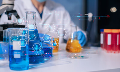 Glass vial, pipette and scientist in laboratory for medical study, research or experiment.