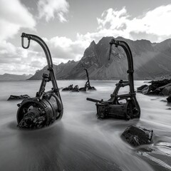Wreckage on the Shore - A Haunting Black and White Landscape.