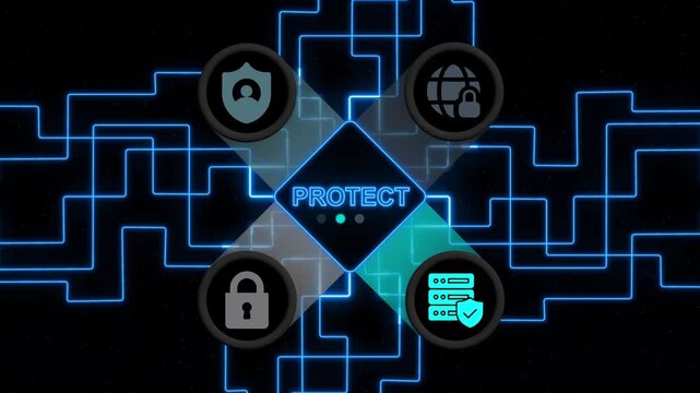 Digital Network Security Concept with Protect Icons and Neon Grid technology
