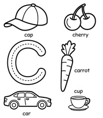 Alphabet learning with letter c and related objects for children