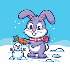 Adorable bunny with carrot enjoying winter wonderland fun building a snowman, perfect for playful designs, holiday greetings, and children's illustrations