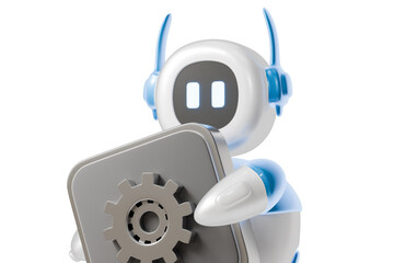 3d ai robot holding settings icon. settings configuration concept. Minimal cartoon gear cog bot mascot for app onboarding banner. isolated on white background. 3d render.