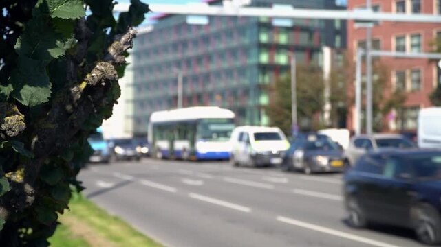 Street traffic in central district of Riga, the capital of Latvia. Blurred background.