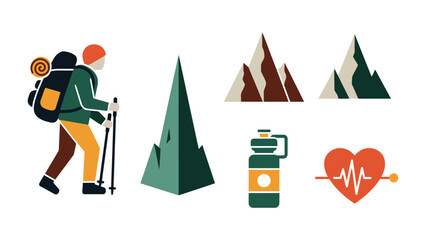 Hiking Icons and Elements: A collection of icons and elements for hiking and outdoor activities. featuring a hiker, mountains, water bottle, and heartbeat, this image is perfect for any project.