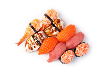Delicious assortment of sushi rolls and nigiri on a white plate