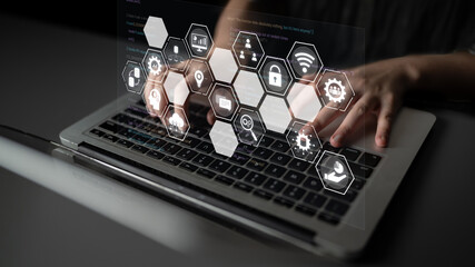 Hexagon interface combining AI, data, analytics, and cybersecurity. AI connects systems, data...