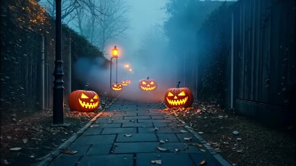 A spooky halloween night scene with glowing jackolanterns lining a foggy path, illuminated by vintage streetlights, creating an eerie and festive atmosphere for trickortreating ai generated vedio - Powered by Adobe